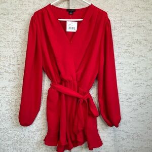 Forever 21 Red Long-Sleeve Wrap Jumpsuit